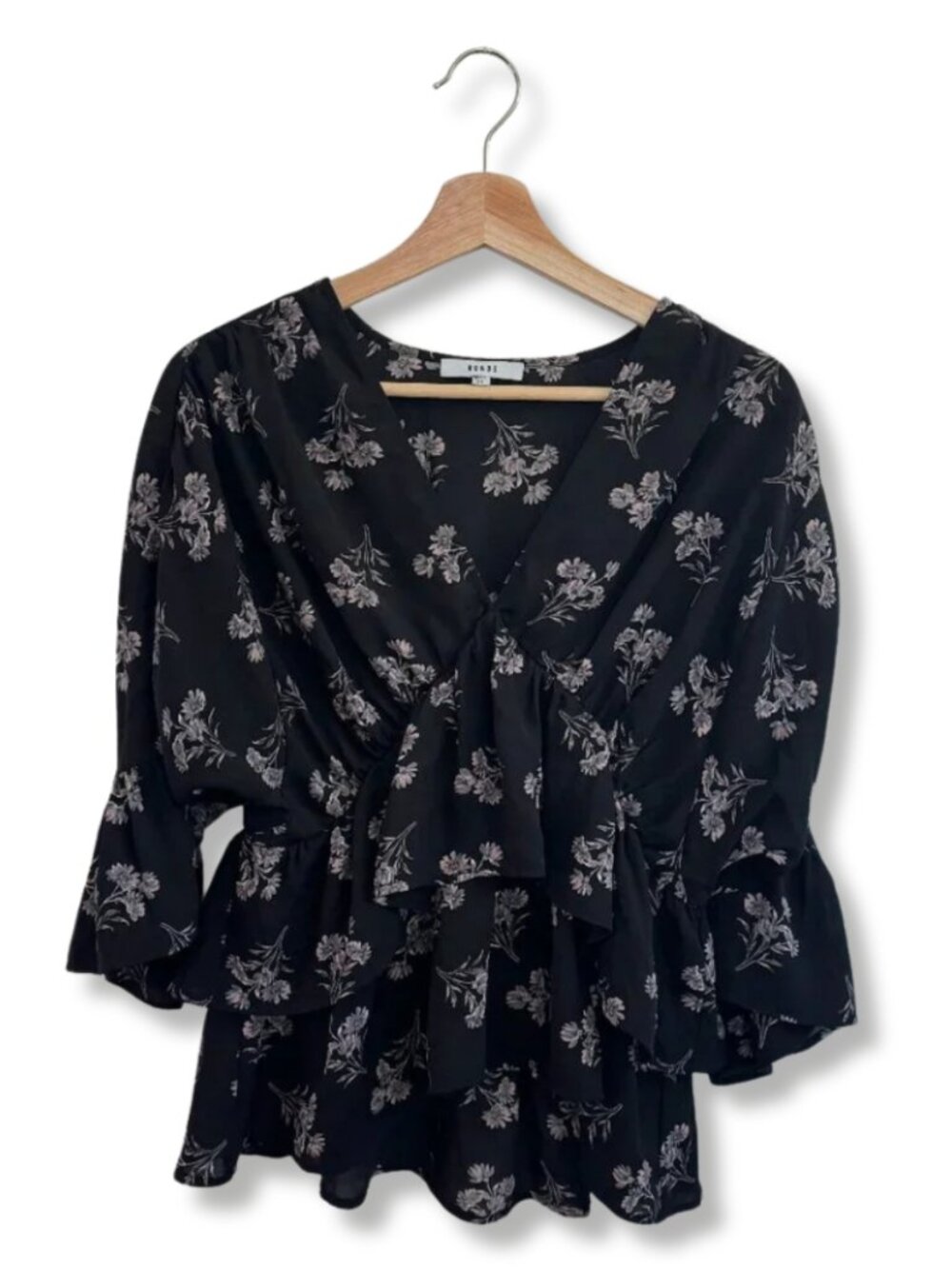 RO&DE Black Floral Ruffle Ruched V Neck Peplum Blouse Romantic Boho XS